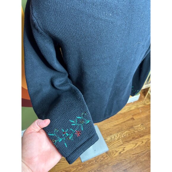 Christmas zip up black embroidered poinsetta beads cute ugly sweater size S - Picture 4 of 6